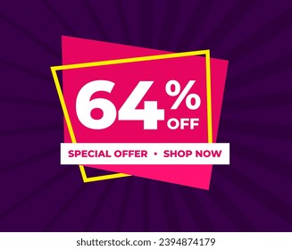 64% off, sixty four percent, special offer, shop now. Background Label. Purple and pink. Discount special offer. Banner with offer emblem. Modern concept design. Vector illustration.