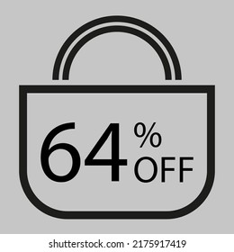 64 percent off. Gray banner with shopping bag illustration.