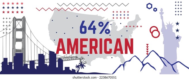 64% percentage American sign label vector art illustration with fantastic font and red blue color background. A True American Design.
