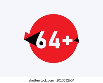 64 más iconos de límite de edad, signo plano de restricción de 64+ aislado en fondo blanco