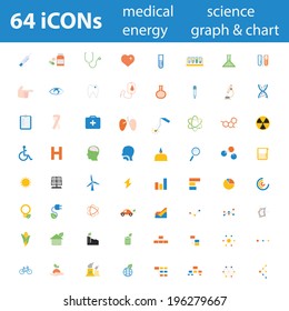 64 Quality design modern vector illustration icons set. As Medical icon, Hospital icon, Science, icon, Equipment icon, Energy icon, Eco icon, Graph, Organisation Chart.