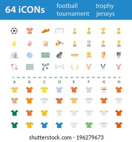 64 Quality design modern vector illustration icons set. As football icon, soccer icon, match icon,trophy icon,medal icon, and vary of team jersey icon.