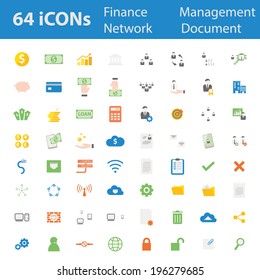64 Quality design modern vector illustration icons set. As finance icon,money icon,banking icon,man management icon,organisation icon,office icon,businessman icon, Computer network icon,Document icon.