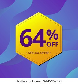 64% Sale and Discount Label. Sixty four percent Sale Discount label Geometric design. Abstract Blue and Yellow Hexagon. Vector illustration.