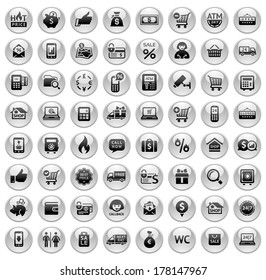 64 Shopping and finance icons, Gray round business buttons, vector illustration