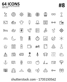 64 travel, holiday trip and outdoor outline icon set. 