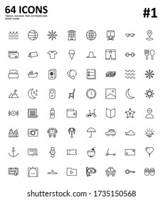 64 travel, holiday trip and outdoor outline icon set. 