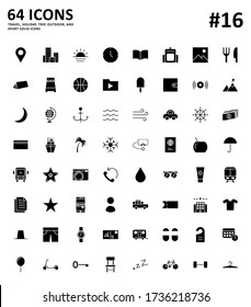 64 travel, holiday trip and outdoor solid icon set. 