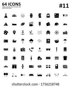 64 travel, holiday trip and outdoor solid icon set. 