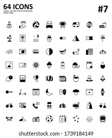 64 travel, holiday trip and outdoor solid line icon set. 