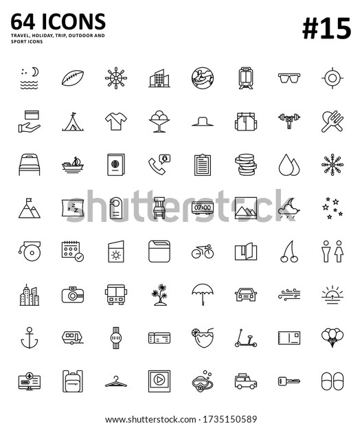 64\
travel, holiday trip and outdoor outline icon set.\
