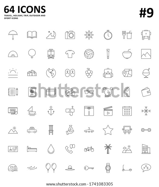 64 travel, holiday trip and outdoor thin outline icon\
set. 