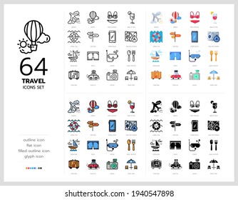 64 travel icons set vector design in filled, thin line, outline and flat style.