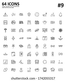 64 travel, recreation, holiday, trip, sport and outdoor dotted line icon set. 