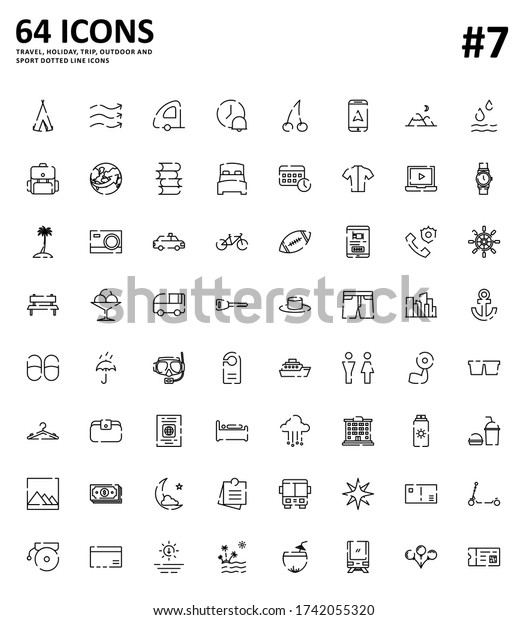 64 travel, recreation, holiday, trip, sport
and outdoor dotted line icon set.
