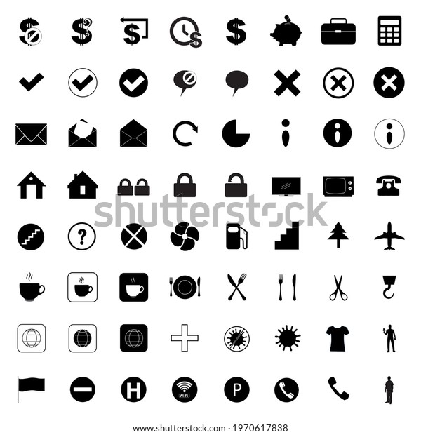 64 universal icons for business, tourism,\
air, travel, transport and other purposes. Vector illustration set\
of pictograms. Suitable for your\
projects
