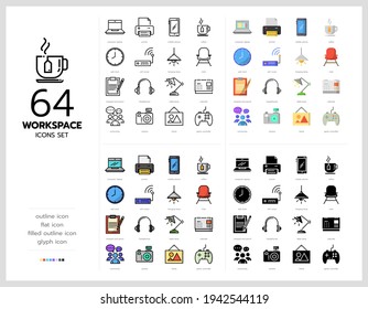 64 workspace icons set vector design in filled, thin line, outline and flat style.