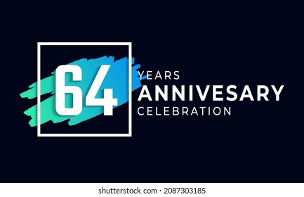 64 Year Anniversary Celebration with Blue Brush and Square Symbol. Happy Anniversary Greeting Celebrates Event Isolated on Black Background