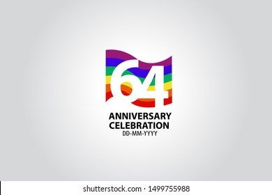 64 year anniversary celebration logotype with white number Emboss Style isolated on LGBT Colorful Flag on white grey background for invitation card, banner or flyer - vector