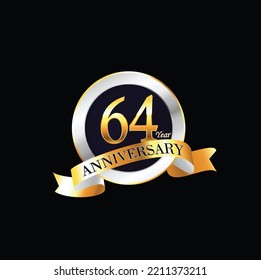 64 Year Anniversary celebration Vector Design with ring and ribbon. 64th Anniversary celebration. Gold Luxury Banner of 64th Anniversary celebration. sixty-fourth celebration card. Vector anniversary