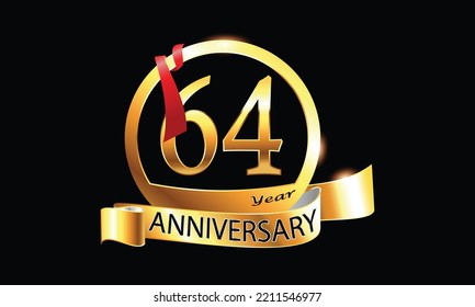 64 Year Anniversary celebration Vector Design with ring and red ribbon. 64th Anniversary celebration. Gold Luxury Banner of 64th Anniversary celebration. sixty-fourth celebration card. 