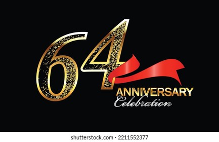 64 Year Anniversary celebration Vector Design with red ribbon and glitter. 64th Anniversary celebration. Gold Luxury Banner of 64th Anniversary. sixty-fourth celebration card