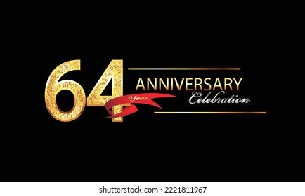 Celebración del 64 Aniversario Diseño vectorial. Celebración del 64° Aniversario. Banner de lujo de oro de la celebración del 64 aniversario con cinta roja y brillo. Celebración del fondo. Aniversario del vector