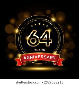 64 year anniversary logo with a gold emblem shape and red ribbon, logo template vector