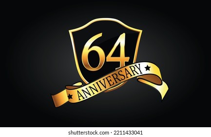 64 year anniversary logo with golden shield and ribbon. Dark elegant concept anniversary. 64th Anniversary celebration background. sixty-fourth anniversary banner vector	