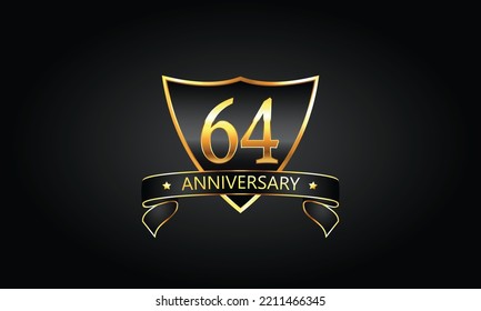 64 year anniversary logo with golden shield and ribbon. Dark concept anniversary. 64th Anniversary celebration background. sixty-fourth anniversary banner vector