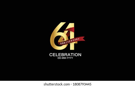 64 year anniversary red ribbon celebration logotype. anniversary logo with Red text and Spark light gold color isolated on black background, design for celebration, invitation - vector