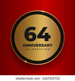 64 years anniversary celebration background. Celebrating 64th anniversary event party poster template. Vector golden circle with numbers and text on red square background. Vector illustration