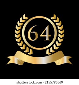 64 Years Anniversary Celebration Gold And Black Template. Luxury Style Gold Heraldic Crest Logo Element Vintage Laurel Vector