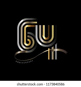 64 years anniversary celebration logotype with line number gold and silver color isolated on black color. vector anniversary for celebration, invitation card, and greeting card