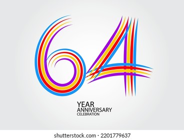 64 años de celebración logotipo vector de línea colorida, logo de cumpleaños 64, diseño de número 64, plantilla de cartel, elementos de número de logo para tarjeta de invitación, afiche, camiseta.