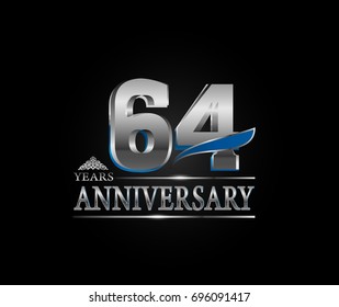 64 years anniversary celebration logotype. anniversary logo with silver color and blue wing isolated on black background, vector design for celebration, invitation card, and greeting card