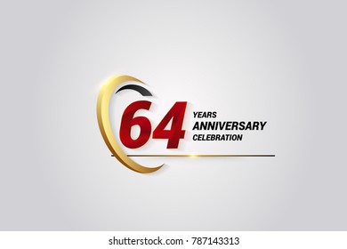  64 Years Anniversary Celebration Logotype. Red Elegant Vector Illustration with Gold Swoosh, Isolated on Black Background can be use for Celebration, Invitation, and Greeting card