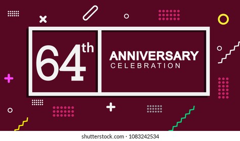 64 years anniversary celebration white square style isolated on dark purple with colorful memphis pattern background, design for anniversary celebration.
