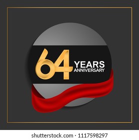64 years anniversary design with black circle and red ribbon for celebration event