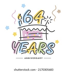 64 Years Anniversary handwritten typography lettering Greeting card with colorful big cake, sparkle firework, number, candle and confetti