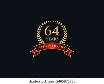 64 Years Anniversary Logo. Celebrating Success. Symbol of Eternal Achievement. Proud Heritage. Logo with Laurel Wreath and Ribbon. Years of Glorious Memories. Jubilee of Joy. Golden Celebratory Crest.