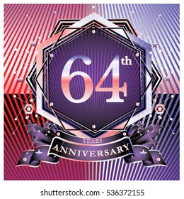 64 years anniversary logo celebration with ring and ribbon. Symbol and template for greeting card