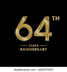 64 years anniversary logo design with golden numbers and text for anniversary celebration event, invitation, wedding, marriage, greeting card, banner, poster, flyer, brochure. Logo Vector Template