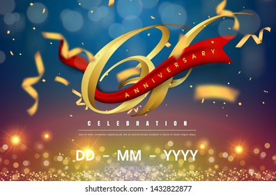64 years anniversary logo template on gold and blue background. 64th celebrating golden numbers with red ribbon vector and confetti isolated design elements