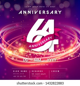 64 years anniversary logo template on purple Abstract futuristic space background. 64th modern technology design celebrating numbers with Hi-tech network digital technology concept design elements.