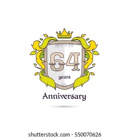 64 Years Anniversary Logo Using Heraldic Theme, Colorful and Isolated on white background
