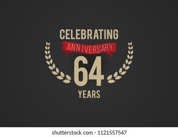 64 Years Anniversary logotype with golden colored font number, with ribbon and laurel, isolated on black background for company celebration event, birthday