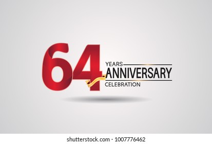 64 years anniversary logotype with red color and golden ribbon isolated on white background for celebration event