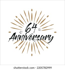 64 years anniversary retro vector emblem isolated template. Vintage logo 64th years with ribbon and fireworks on white background
