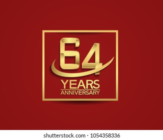 64 years anniversary with square and swoosh golden color isolated on red background for celebration